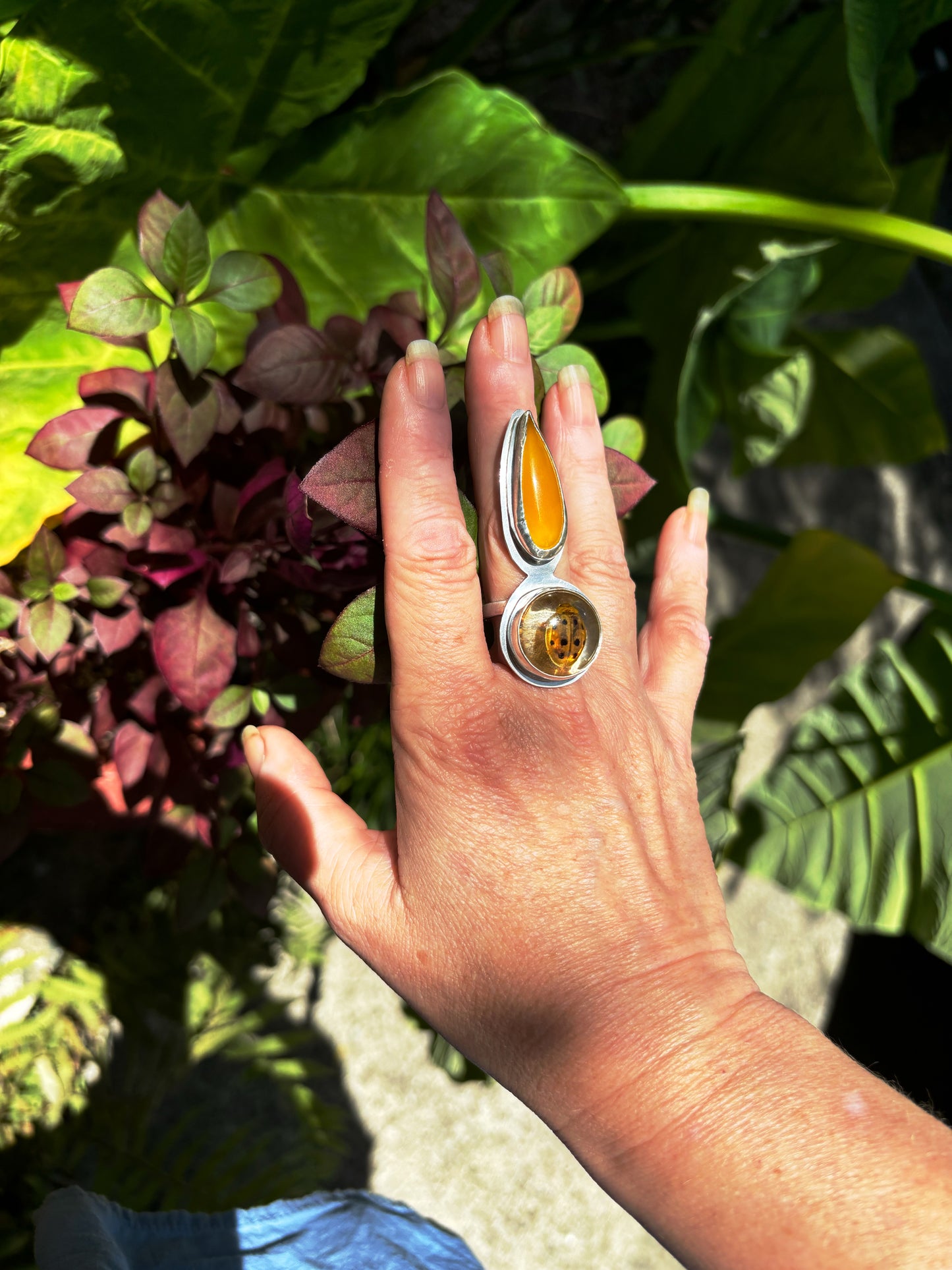 Yellow Ladybug & Mango Chalcedony ring